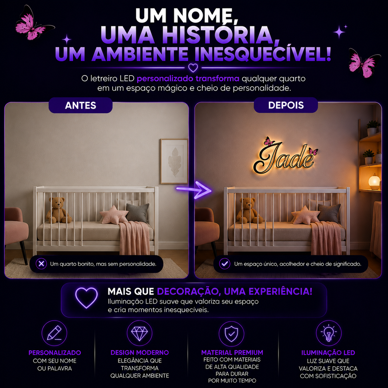 💡 Letreiro Personalizado com LED – Deixe seu ambiente único e cheio de personalidade! 💜
