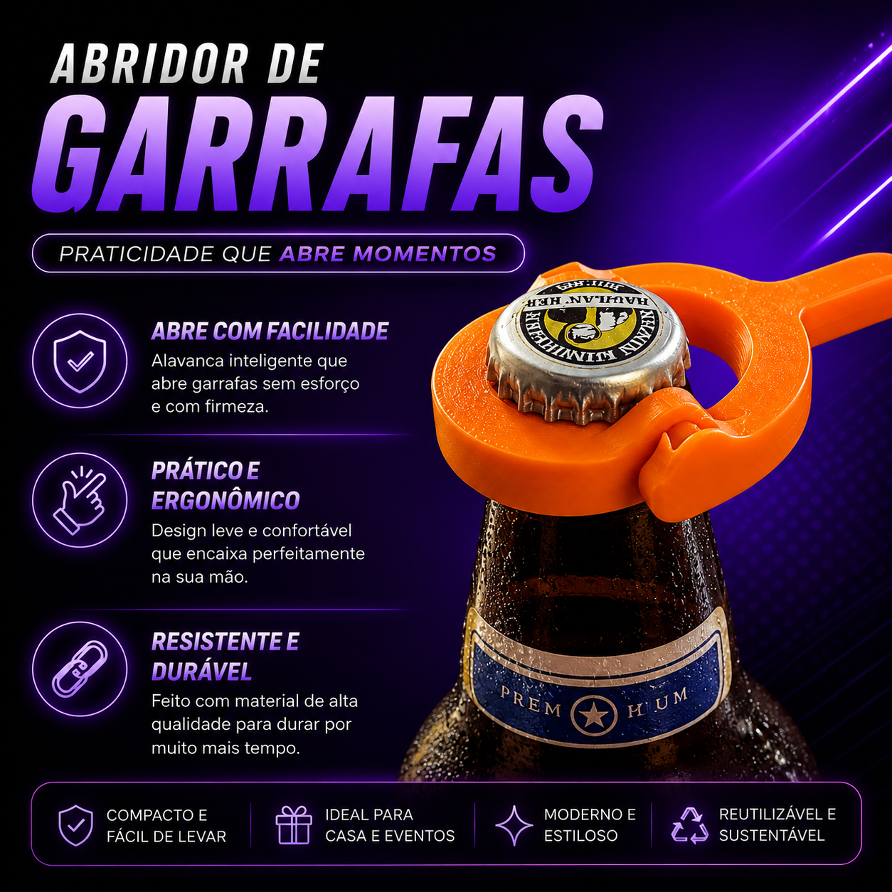 🍺 Abridor de Garrafa – Mais praticidade e segurança para abrir suas bebidas! ✨