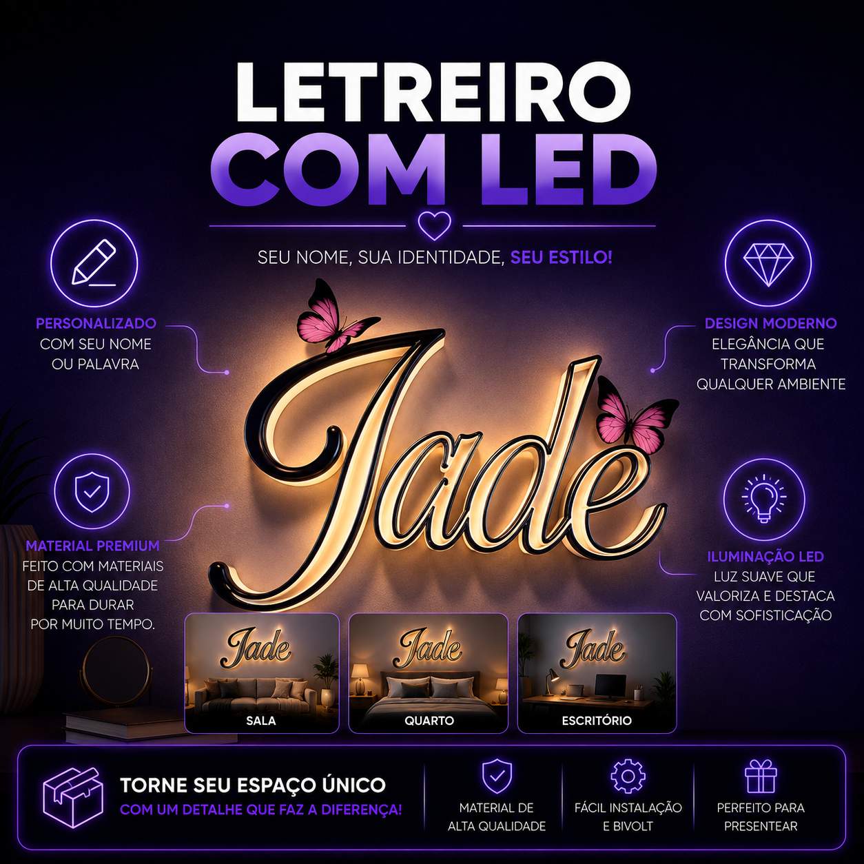 💡 Letreiro Personalizado com LED – Deixe seu ambiente único e cheio de personalidade! 💜